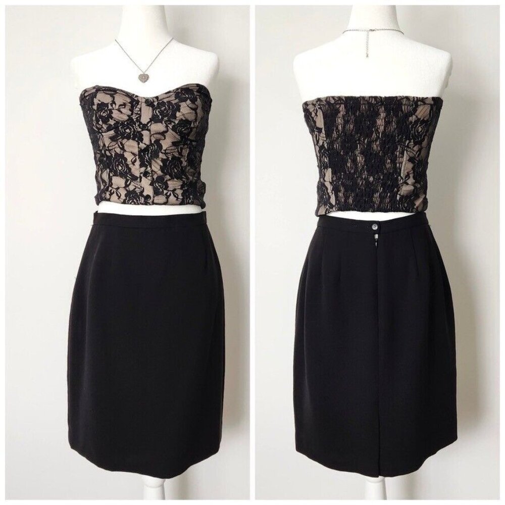 Vintage 90s Black Midi Skirt Size 10 Petite Collectibles Back Slit Goth Classic